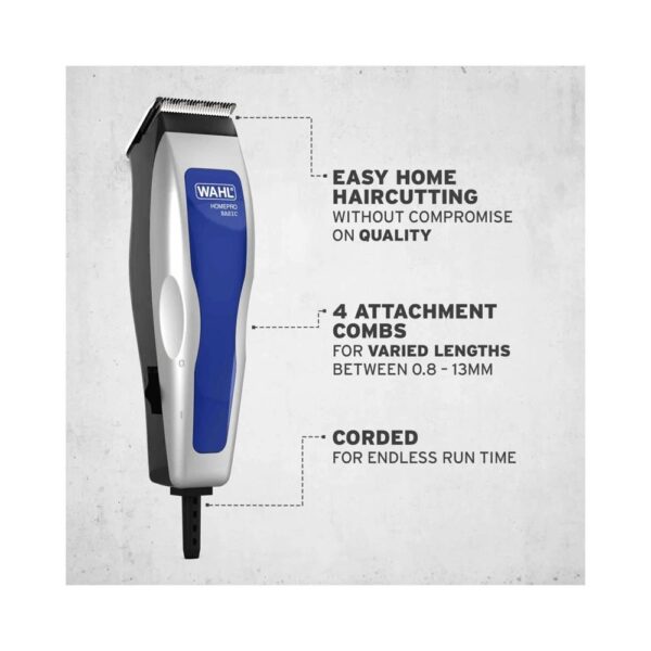 Wahl HomePro Basic Corded Hair Clipper With 4 Attachment Combs Kit - Blue/Silver - Image 2