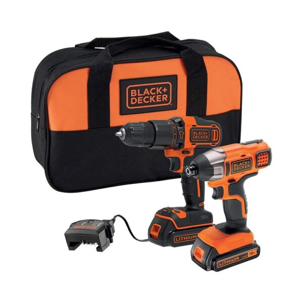 Black & Decker 18V Hammer Drill And Impact Driver With 2 x 1.5Ah Batteries 400mA Charger & Small Soft Bag Kit - Orange/Black